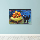 Pompoenkarakters en zwarte kat canvas afdruk (Insitu (Houten vloer))