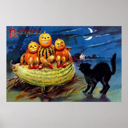 Pompoenkarakters en zwarte kat poster (Voorkant)