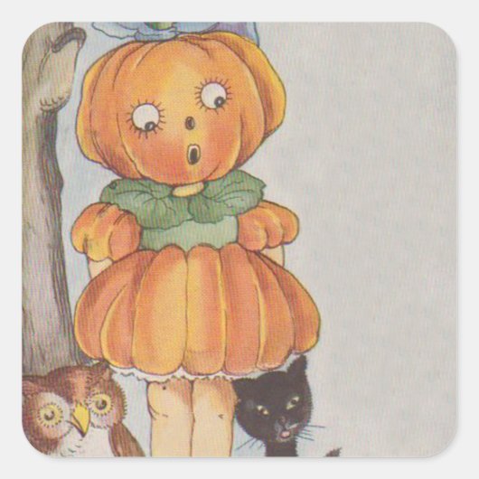 Pompoenkop Jack O Lantern Zwarte Kat Uil Vierkante Sticker (Voorkant)