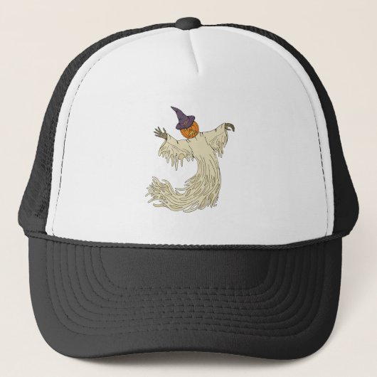 Pompoenkop Spook Halloween Kunst Trucker Pet (Voorkant)