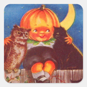 Pompoenkop Uil Zwarte Kat Wassende Maan Vierkante Sticker