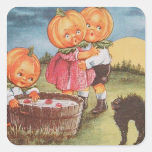 Pompoenkop Zwarte Kat die naar appels vist Vierkante Sticker