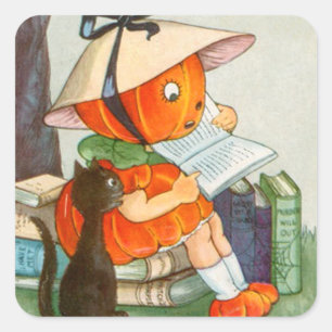 Pompoenkop Zwarte Kat Jack-o'-lantern Pompoen Vierkante Sticker