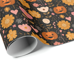 Pompoenliefde met harten en bloemen cadeaupapier