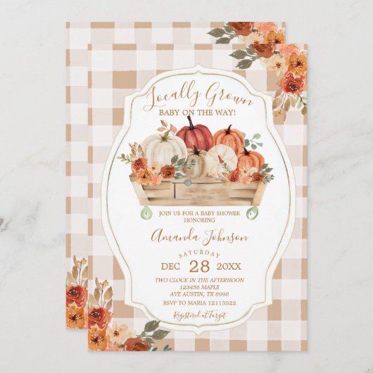 Pompoenmarkt lokaal geteeld Gingham Baby shower Kaart (Voorkant / Achterkant)