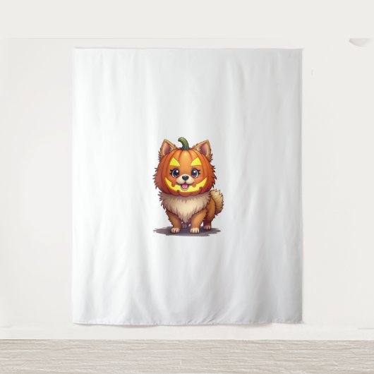 Pompoenmasker Pommerse hond Wandkleed (Voorkant)