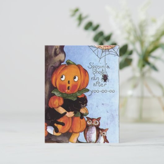 Pompoenmeisje met kat briefkaart (Staand voorkant)