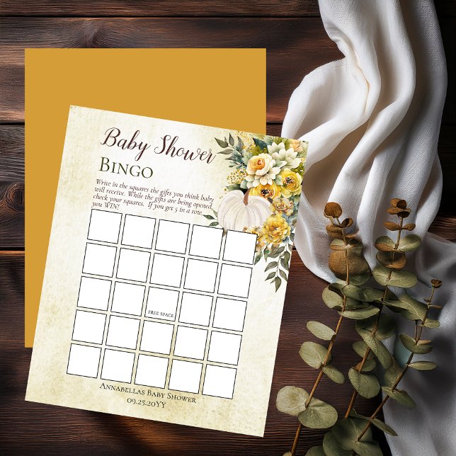 pompoenoogst | Gold Floral Baby shower Bingo (White Pumpkin and Gold Floral Baby Shower Bingo Game Print Only - Little Pumpkin Collection)