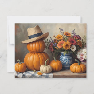 Pompoenoogst op het platteland met bloemen  briefkaart