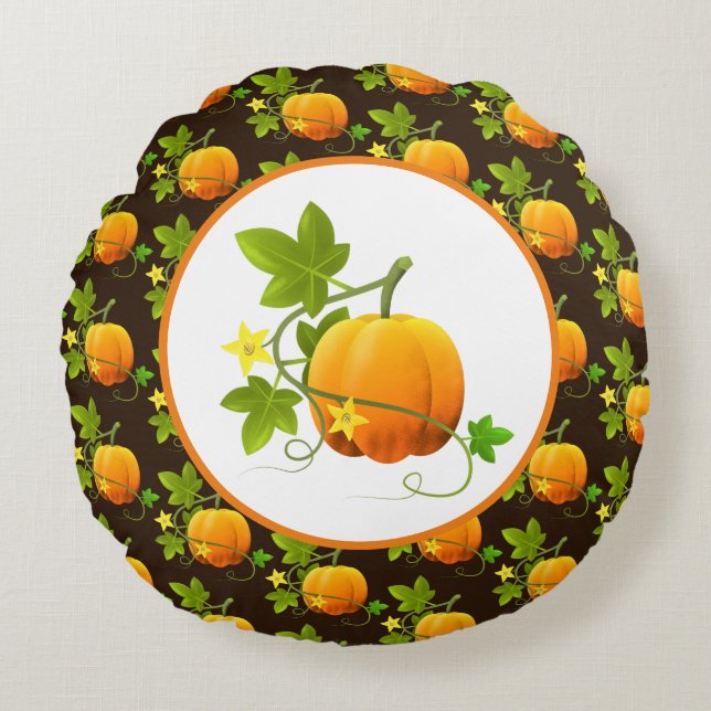 Pompoenpatroon op donkerbruine herfstseizoen rond kussen (Voorkant)