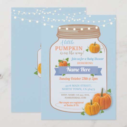 Pompoenpot Herfst Blue Boy Baby shower Uitnodigen Kaart (Voorkant / Achterkant)
