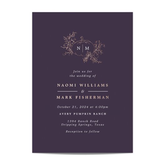 Pompoenranken Monogram Huwelijks Folie Uitnodiging