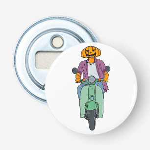 Pompoenrijder op mintgroene scooter button flesopener