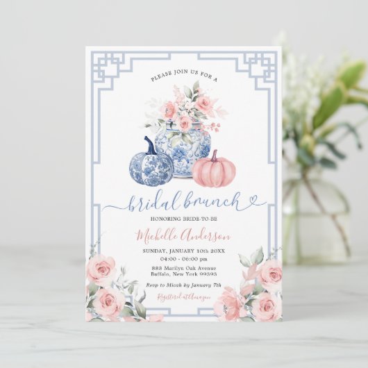 Pompoenroze Peony Chinoiserie Jar Bruids Brunch Kaart (Staand voorkant)