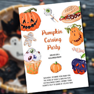 Pompoensnijden en Halloween-feestmaaltijd Kaart