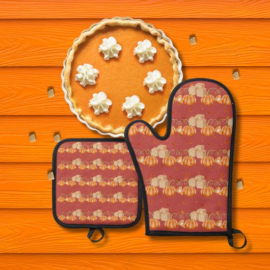 Pompoentaarten en bruine suikerklontjes rood ovenwant & pannenlap set