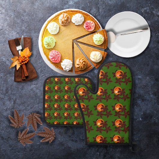 Pompoentaarten en chocolade bladeren groen ovenwant & pannenlap set