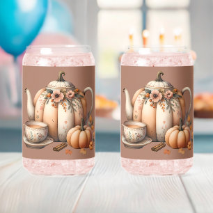 Pompoentheepot met Herfst Bloemen Illustratie Blikvorm Glas