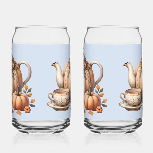 Pompoentheepot met Herfst Bloemen Illustratie Blikvorm Glas (Links)