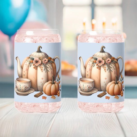 Pompoentheepot met Herfst Bloemen Illustratie Blikvorm Glas (Insitu (Baby Shower))