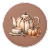 Pompoentheepot met Herfst Bloemen Illustratie Keramische Knop (Voorkant)