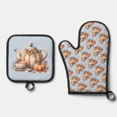 Pompoentheepot met Herfst Bloemen Illustratie Ovenwant & Pannenlap Set (Voorkant)