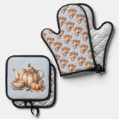 Pompoentheepot met Herfst Bloemen Illustratie Ovenwant & Pannenlap Set (Voorkant / Achterkant)