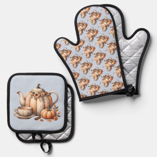 Pompoentheepot met Herfst Bloemen Illustratie Ovenwant & Pannenlap Set (Voorkant / Achterkant)