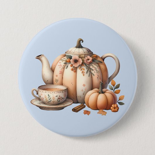 Pompoentheepot met Herfst Bloemen Illustratie Ronde Button 7,6 Cm (Voorkant)