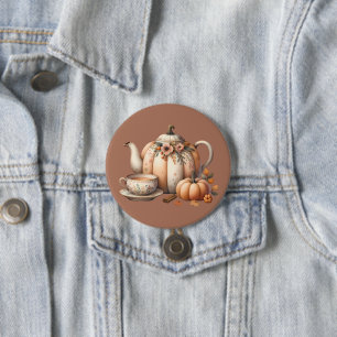 Pompoentheepot met Herfst Bloemen Illustratie Ronde Button 7,6 Cm