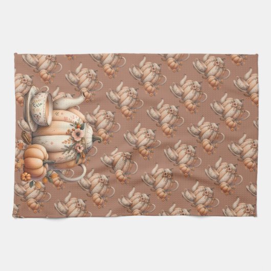 Pompoentheepot met Herfst Bloemen Illustratie Theedoek (Horizontaal)