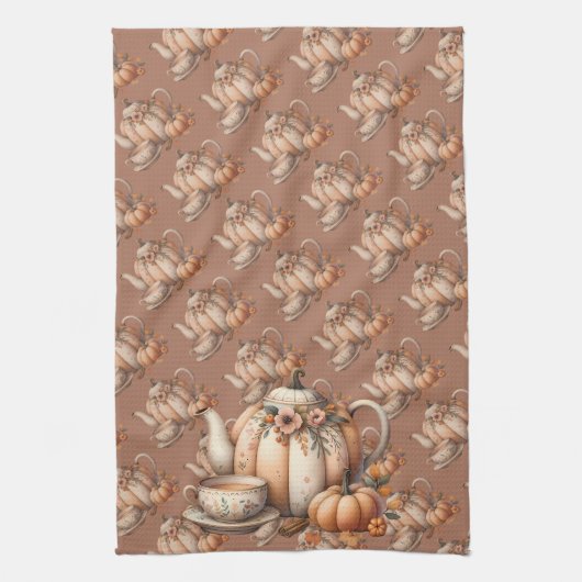 Pompoentheepot met Herfst Bloemen Illustratie Theedoek (Verticaal)