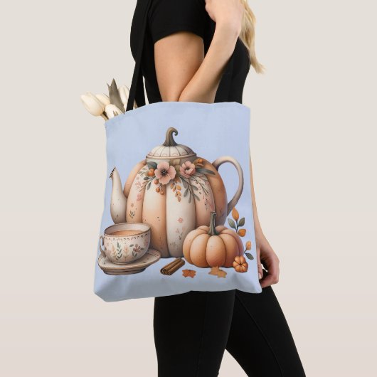 Pompoentheepot met Herfst Bloemen Illustratie Tote Bag (Dichtbij)