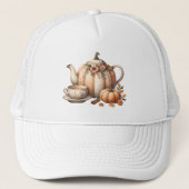 Pompoentheepot met Herfst Bloemen Illustratie Trucker Pet (Voorkant)