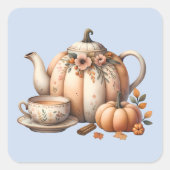 Pompoentheepot met Herfst Bloemen Illustratie Vierkante Sticker (Voorkant)