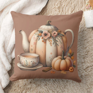 Pompoentheepot met herfstbloemenillustratie kussen