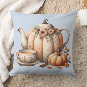Pompoentheepot met herfstbloemenillustratie kussen