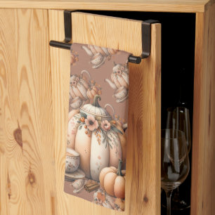 Pompoentheepot met herfstbloemenillustratie theedoek