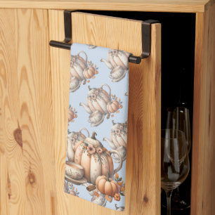 Pompoentheepot met herfstbloemenillustratie theedoek