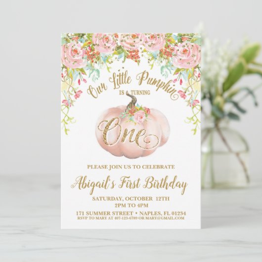 Pompoenuitnodiging, pompoen eerste verjaardag kaart (Staand voorkant)