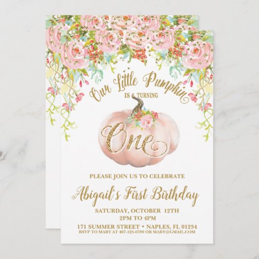 Pompoenuitnodiging, pompoen eerste verjaardag kaart (Voorkant / Achterkant)