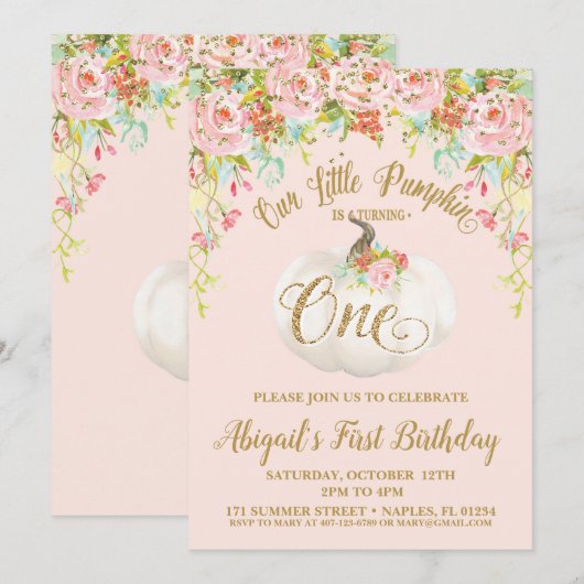 Pompoenuitnodiging, pompoen eerste verjaardag kaart (Voorkant / Achterkant)