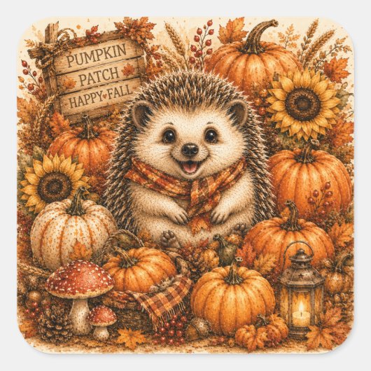 Pompoenveld Schattig Herfst Egeltje Vierkante Sticker (Voorkant)