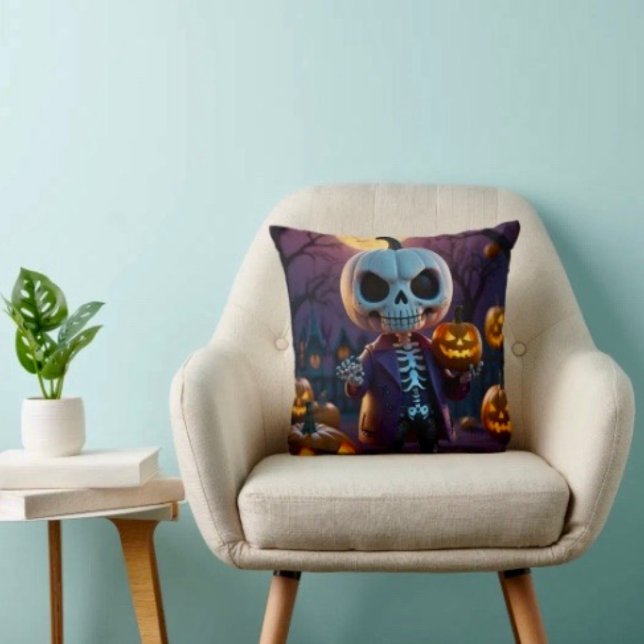 Pompoenveld Skelet Gezel Kussen (Throw Pillow 100% polyester heavyweight stretch material. Hidden zipper Made in the USA.
)