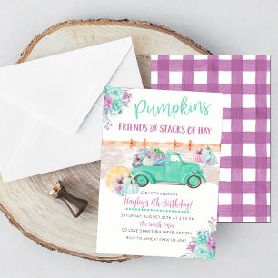 Pompoenveld Turquoise Vintage Truck Verjaardag Kaart