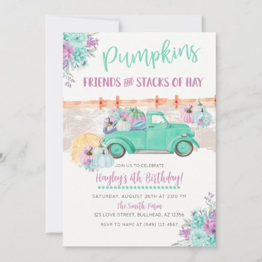 Pompoenveld Turquoise Vintage Truck Verjaardag Kaart (Voorkant)