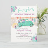 Pompoenveld Turquoise Vintage Truck Verjaardag Kaart (Staand voorkant)