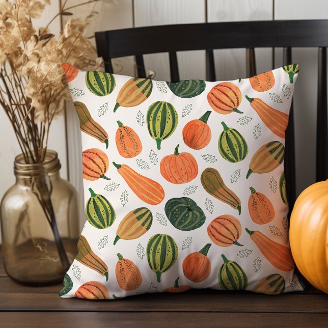 Pompoenveld voor Thanksgiving Kussen (Cute Rustic Thanksgiving pumpkin pattern Throw Pillow)