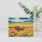 Pompoenveldoogst met hooiwagen feestdagenkaart (Staand voorkant)