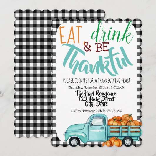  pompoenwagen Gingham Thanksgiving Uitnodigen Kaart (Voorkant / Achterkant)